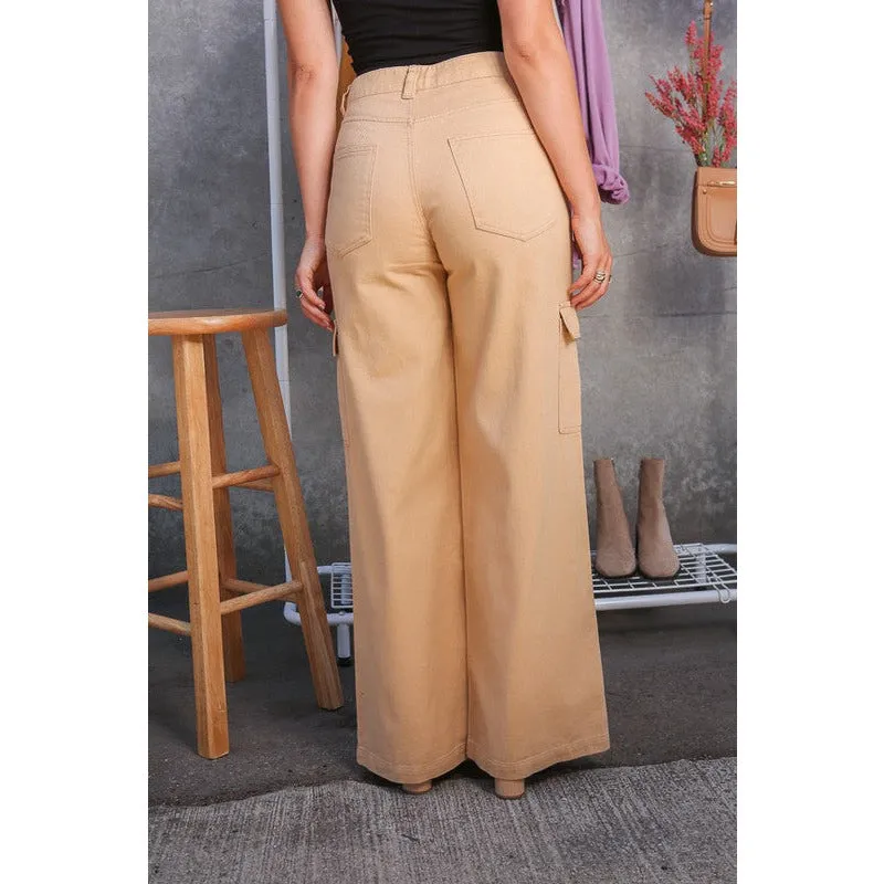 Don't Let Them Go Wide Leg Cargo Pants - Tan