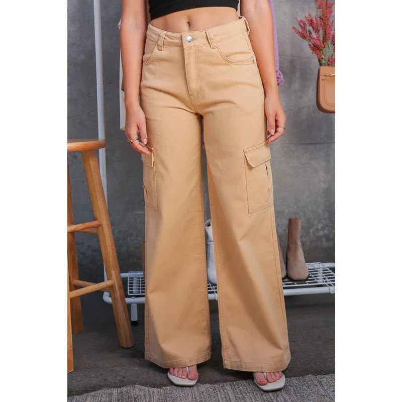 Don't Let Them Go Wide Leg Cargo Pants - Tan