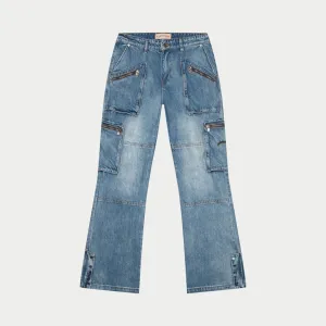 Double pocket Flared Cargo Denim (Blue)