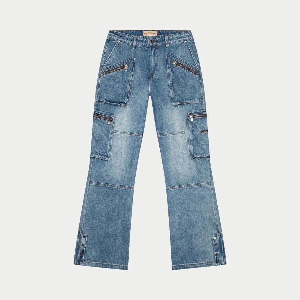 Double pocket Flared Cargo Denim (Blue)