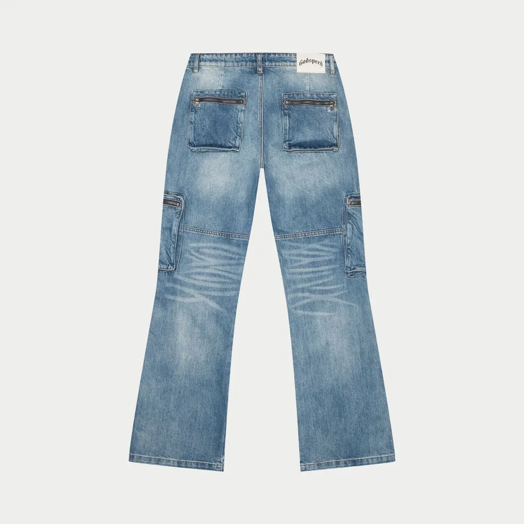 Double pocket Flared Cargo Denim (Blue)