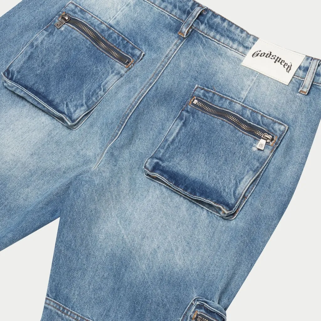 Double pocket Flared Cargo Denim (Blue)