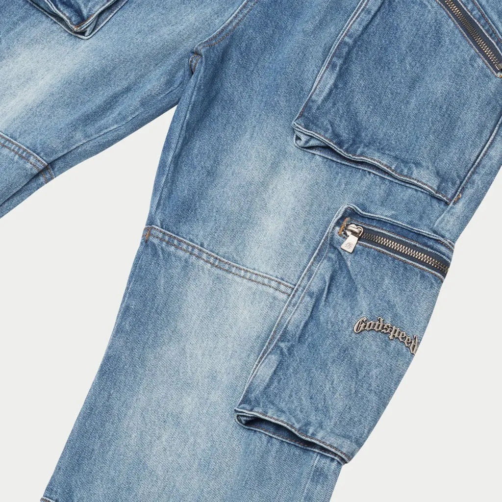 Double pocket Flared Cargo Denim (Blue)