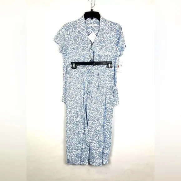 Eileen West Women’s Blue/White Long Sleeve Capri Pants Pajama Set Size XS