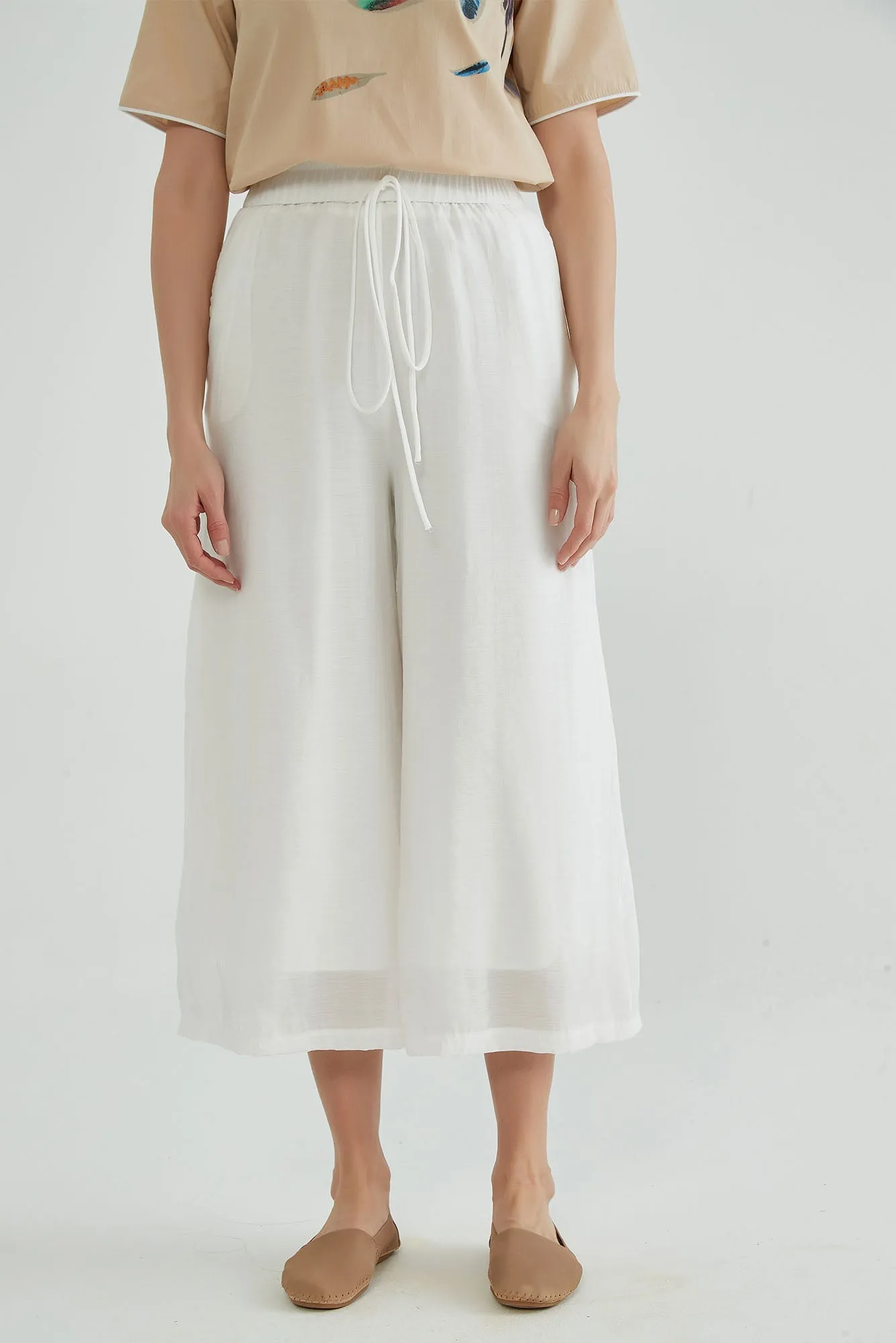 Elastic Two-Layers White Flowy Pants