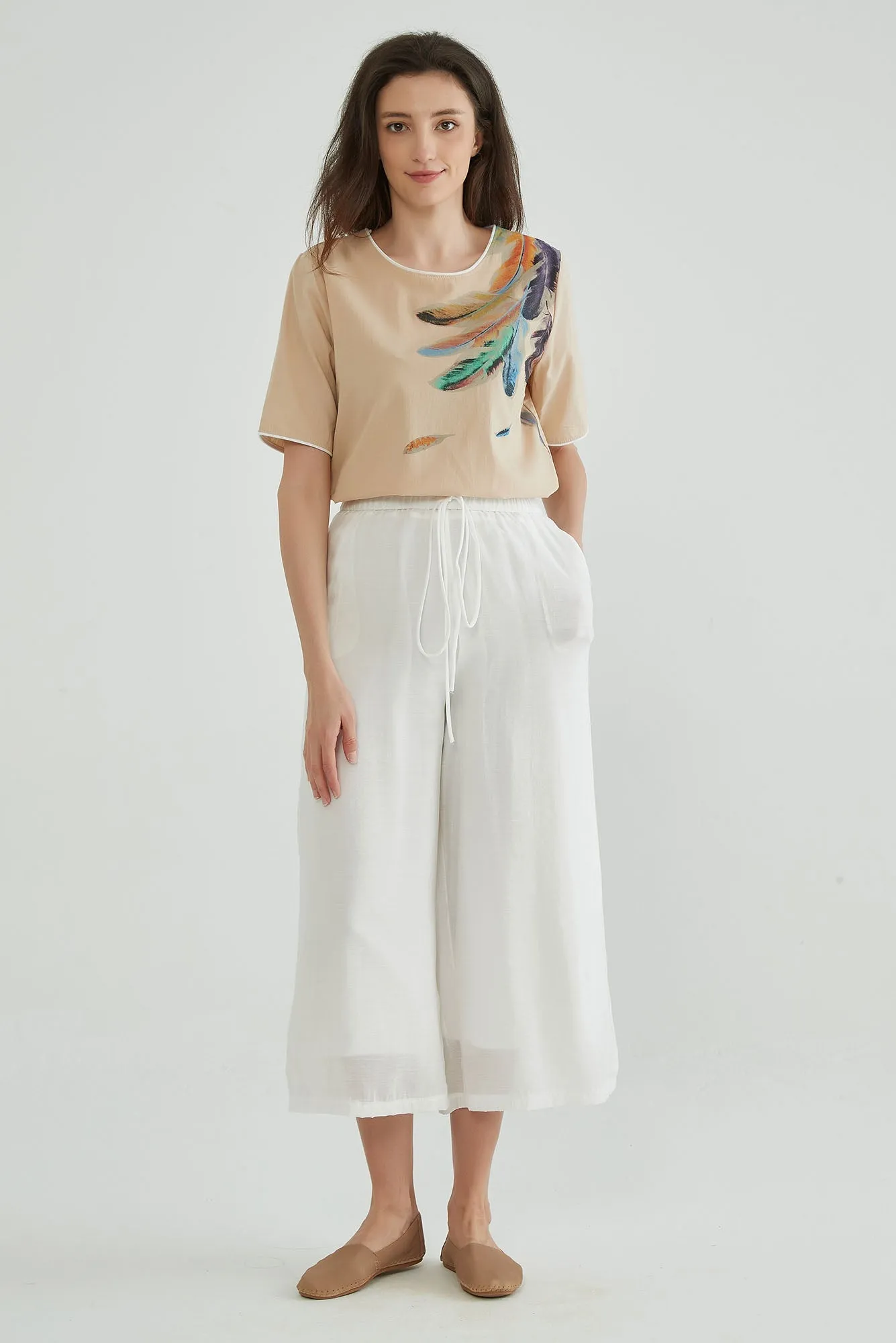 Elastic Two-Layers White Flowy Pants
