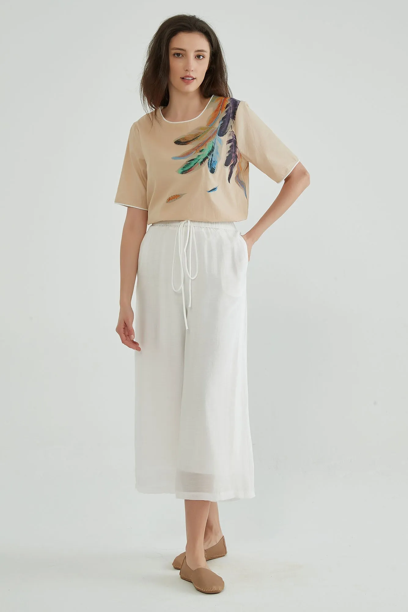Elastic Two-Layers White Flowy Pants