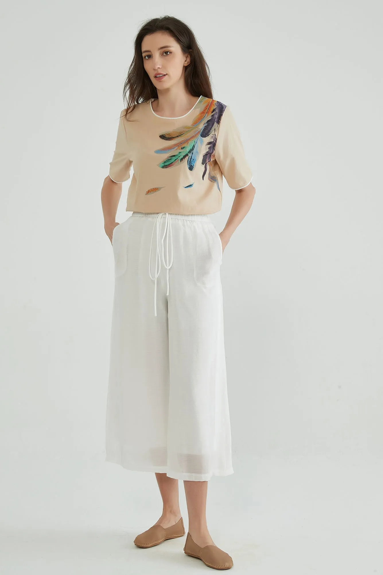 Elastic Two-Layers White Flowy Pants