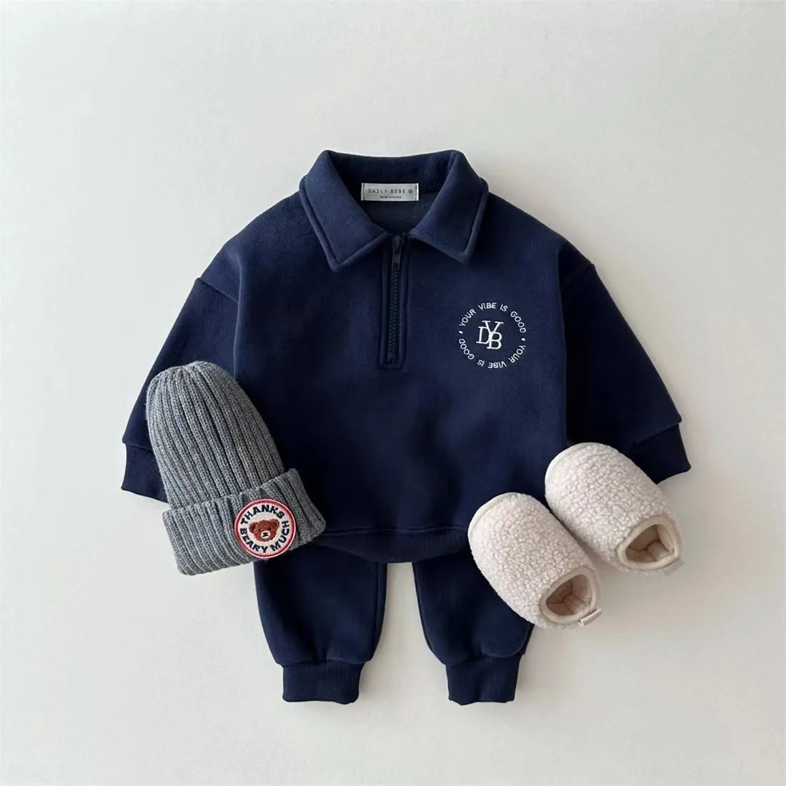 Fleece-lined Lapel Sweatshirt And Sweatpants Suit Children's Two-piece Suit