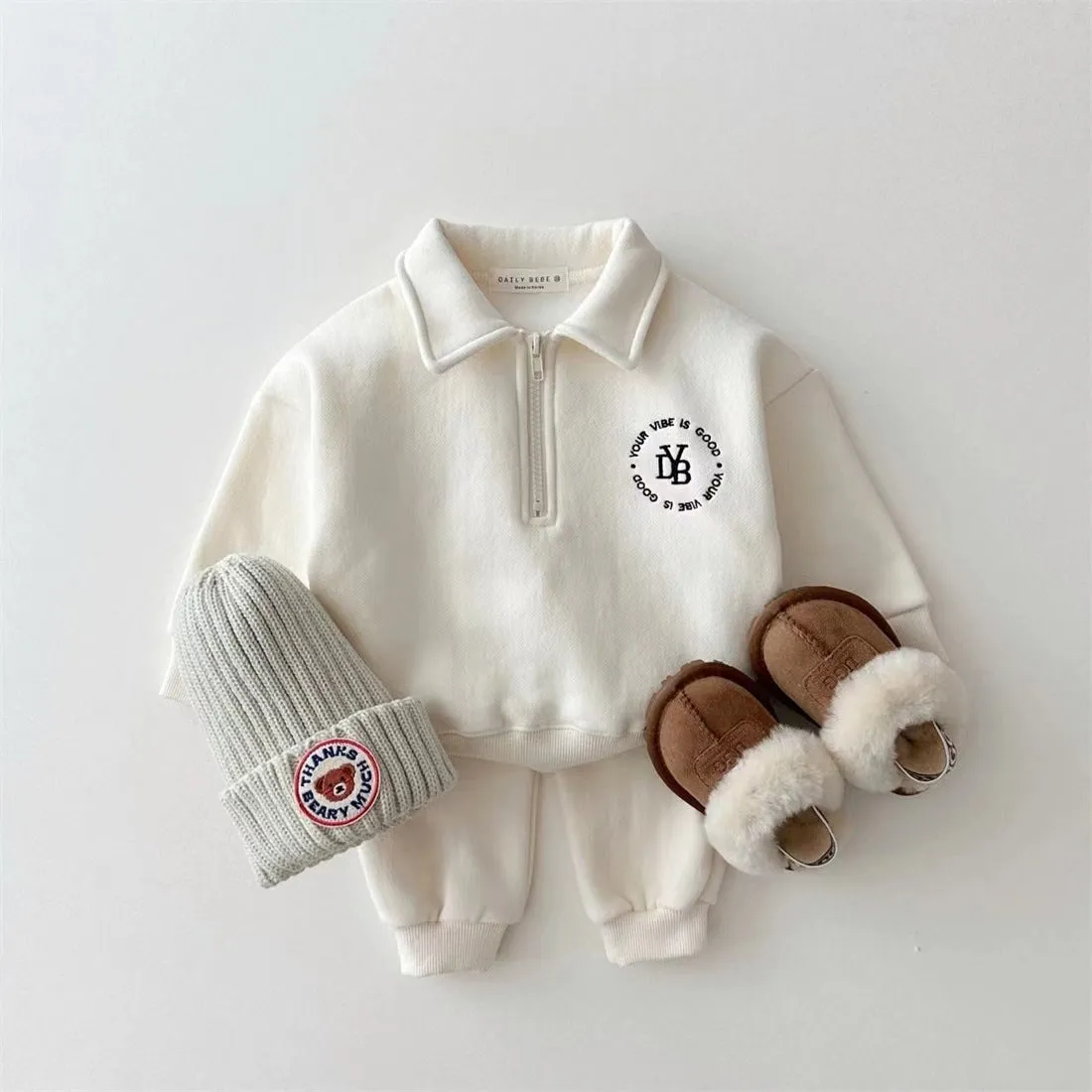 Fleece-lined Lapel Sweatshirt And Sweatpants Suit Children's Two-piece Suit