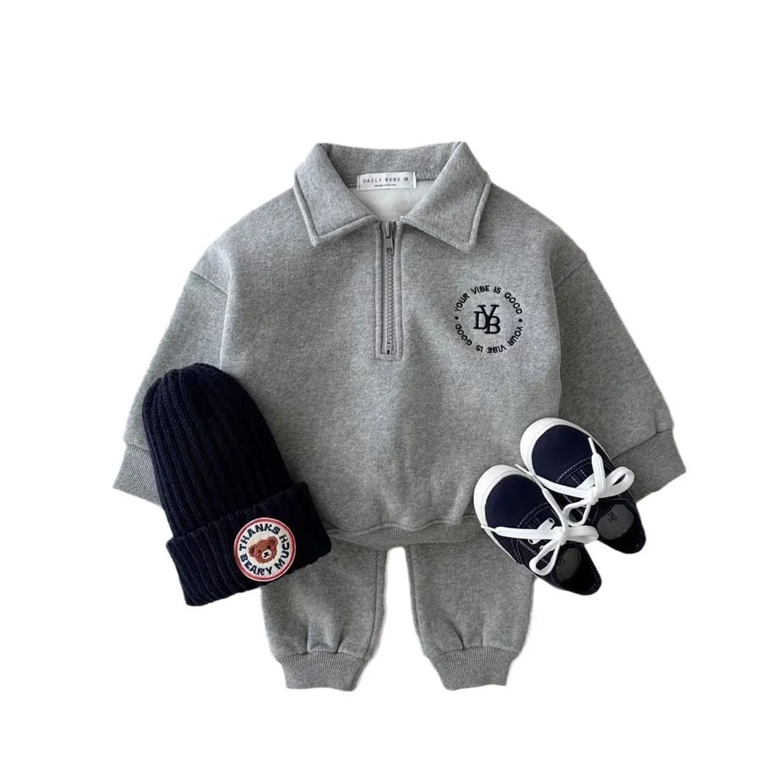 Fleece-lined Lapel Sweatshirt And Sweatpants Suit Children's Two-piece Suit