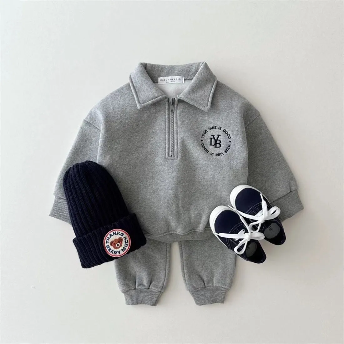 Fleece-lined Lapel Sweatshirt And Sweatpants Suit Children's Two-piece Suit