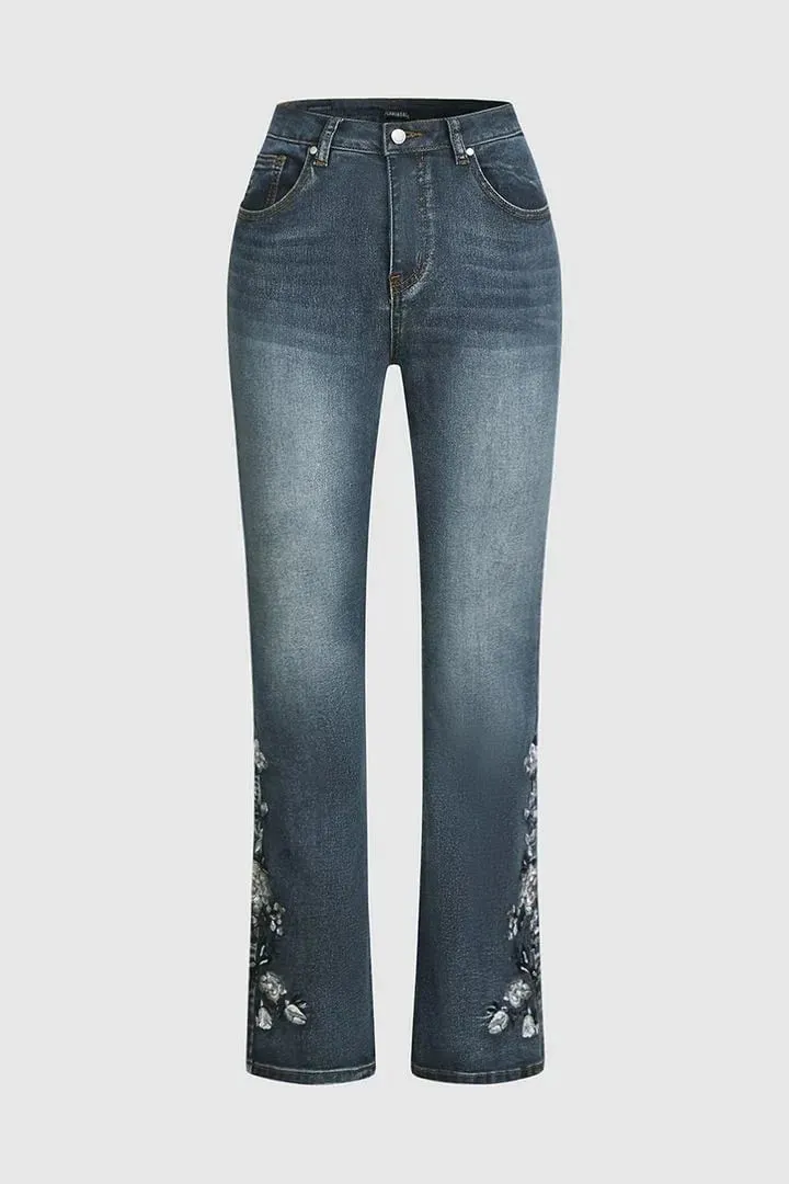 🔥Floral Hand Embroidery Mid Waist Bootcut Jeans🔥