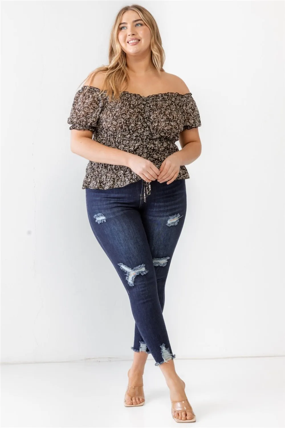 Frill Ruched Off-Shoulder Short Sleeve Blouse