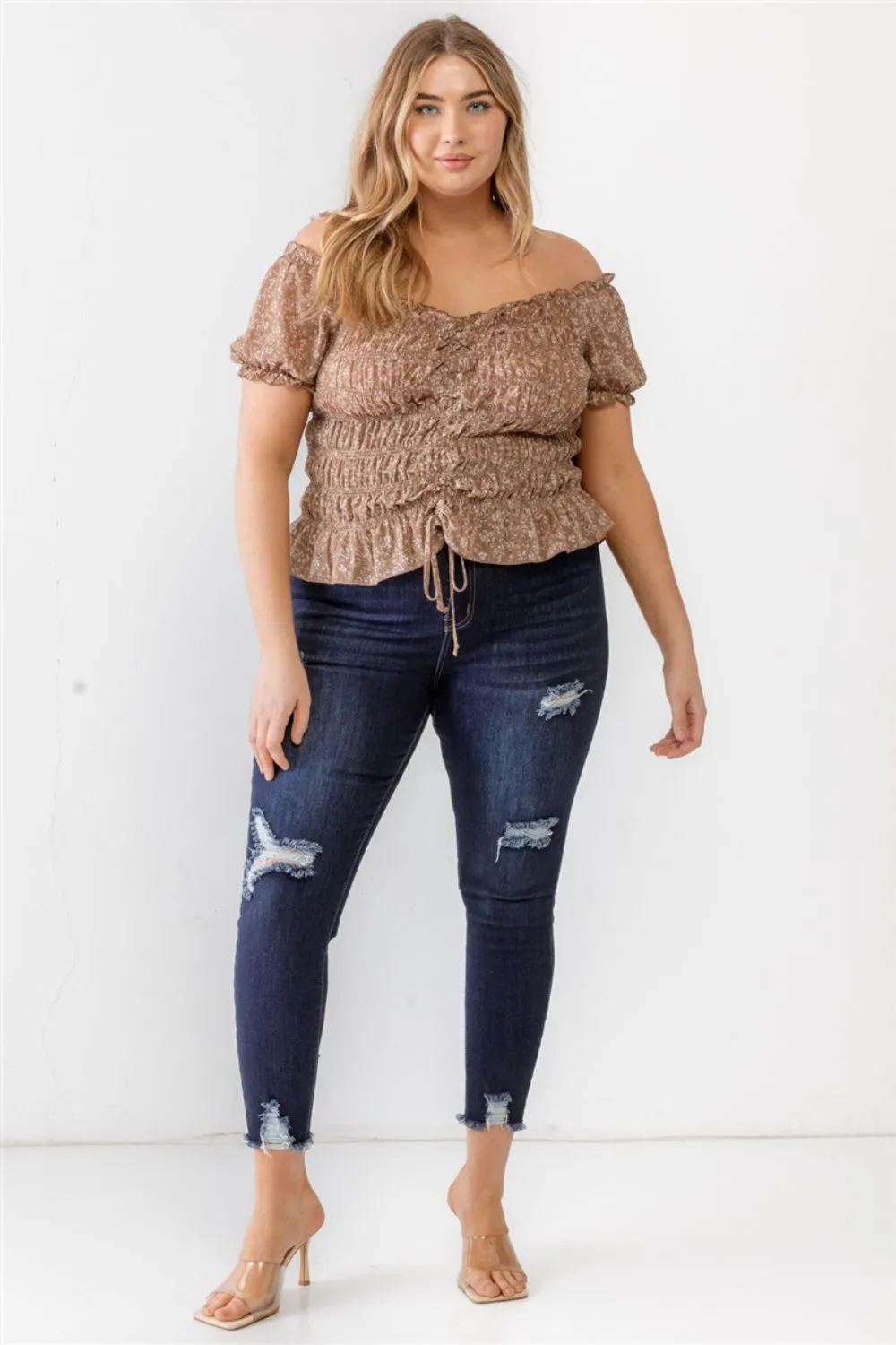 Frill Ruched Off-Shoulder Short Sleeve Blouse