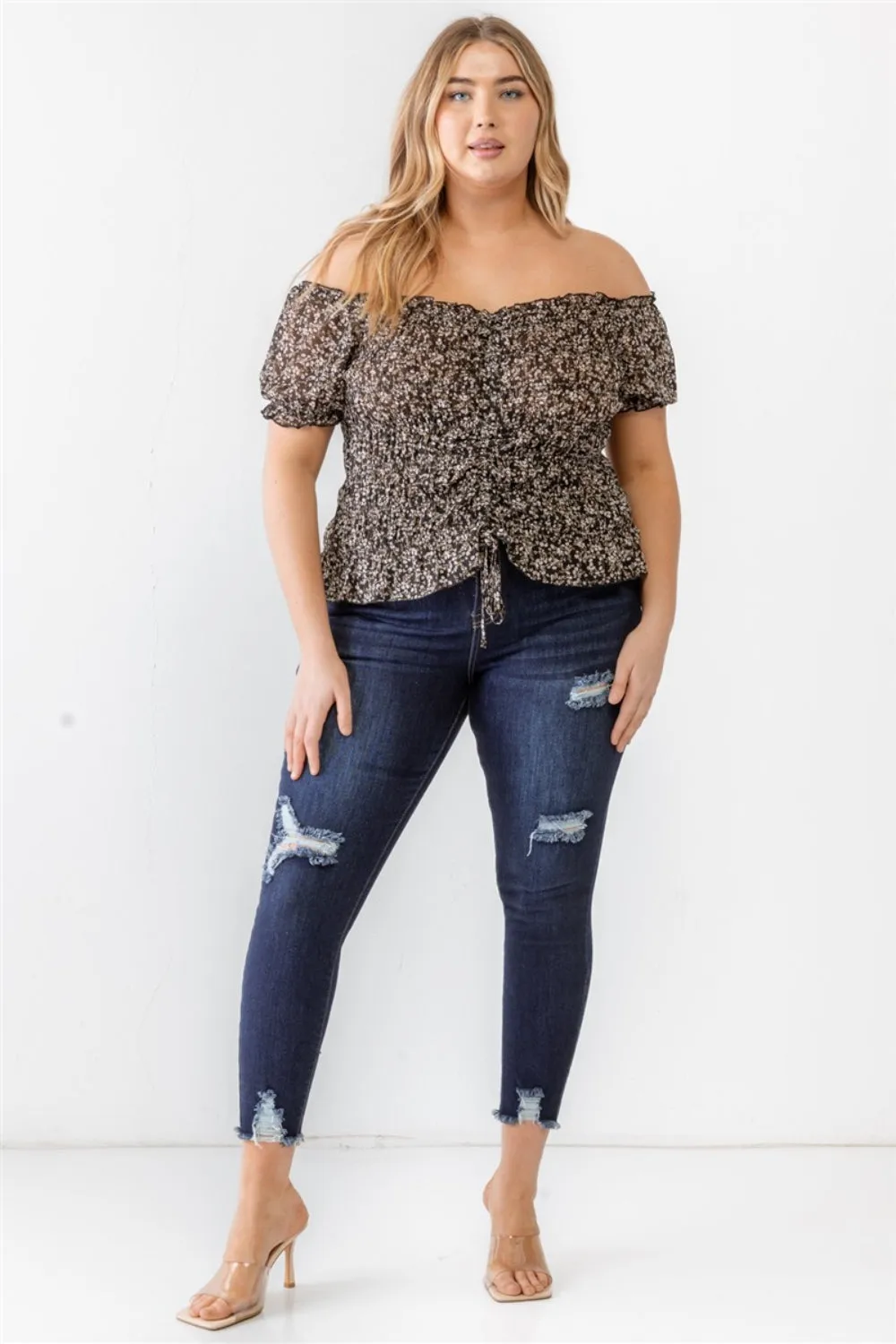 Frill Ruched Off-Shoulder Short Sleeve Blouse