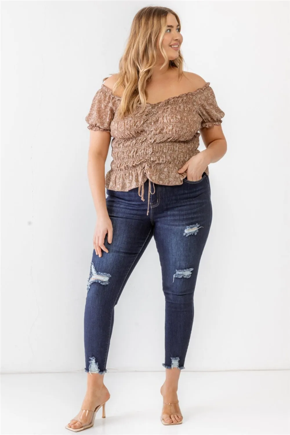 Frill Ruched Off-Shoulder Short Sleeve Blouse