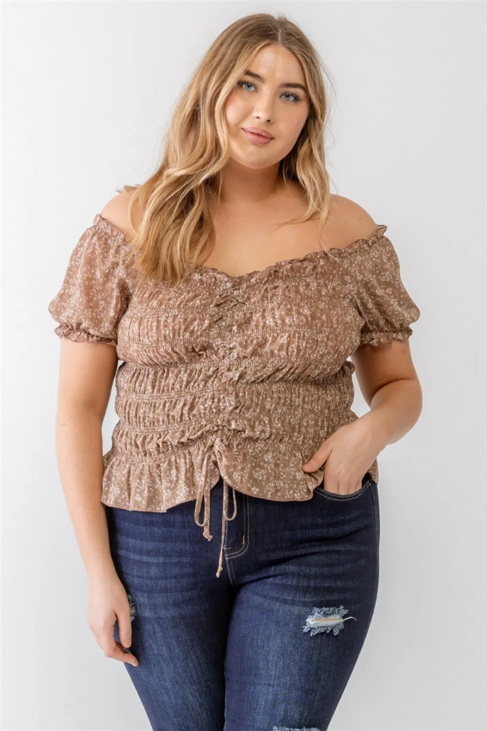 Frill Ruched Off-Shoulder Short Sleeve Blouse