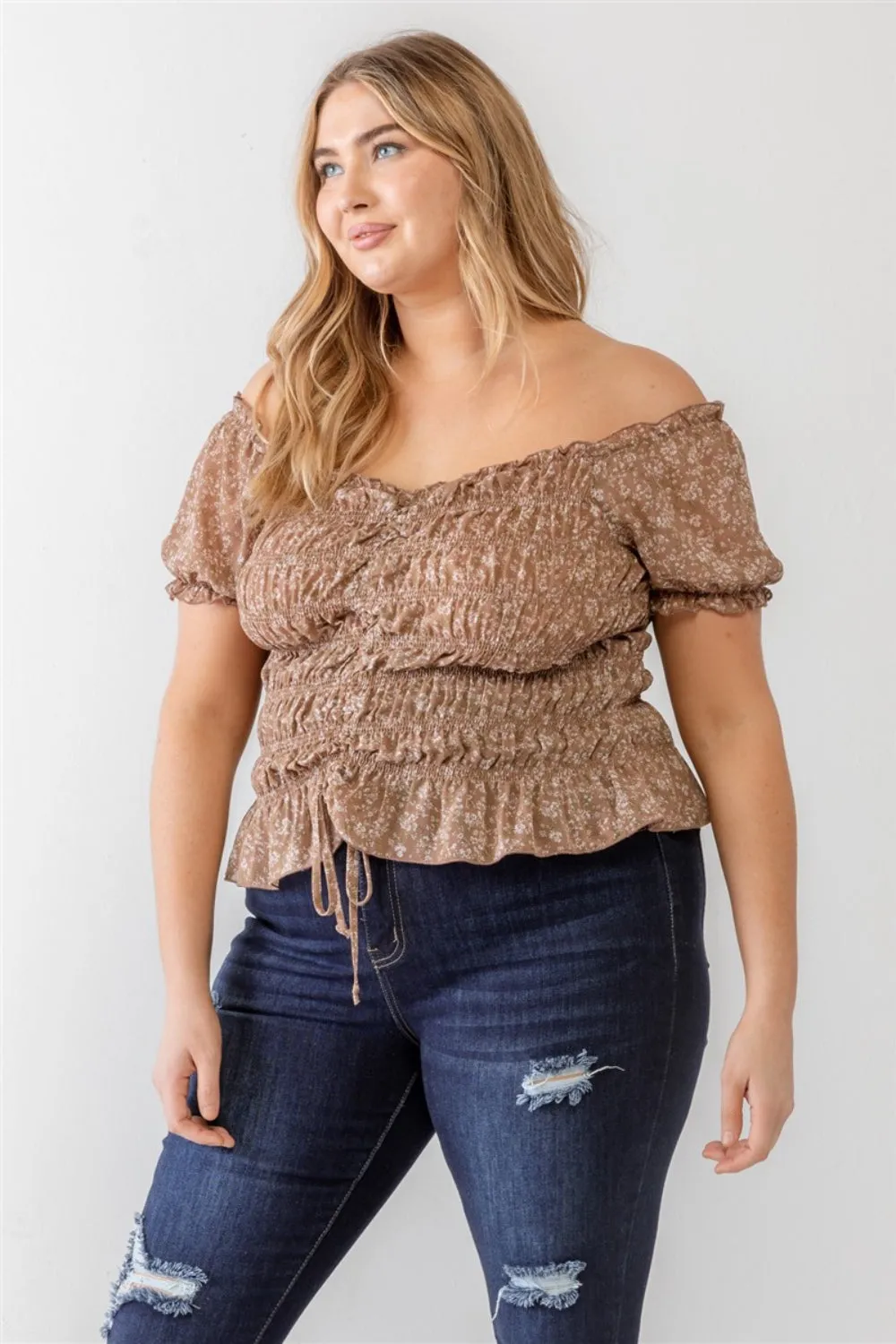 Frill Ruched Off-Shoulder Short Sleeve Blouse