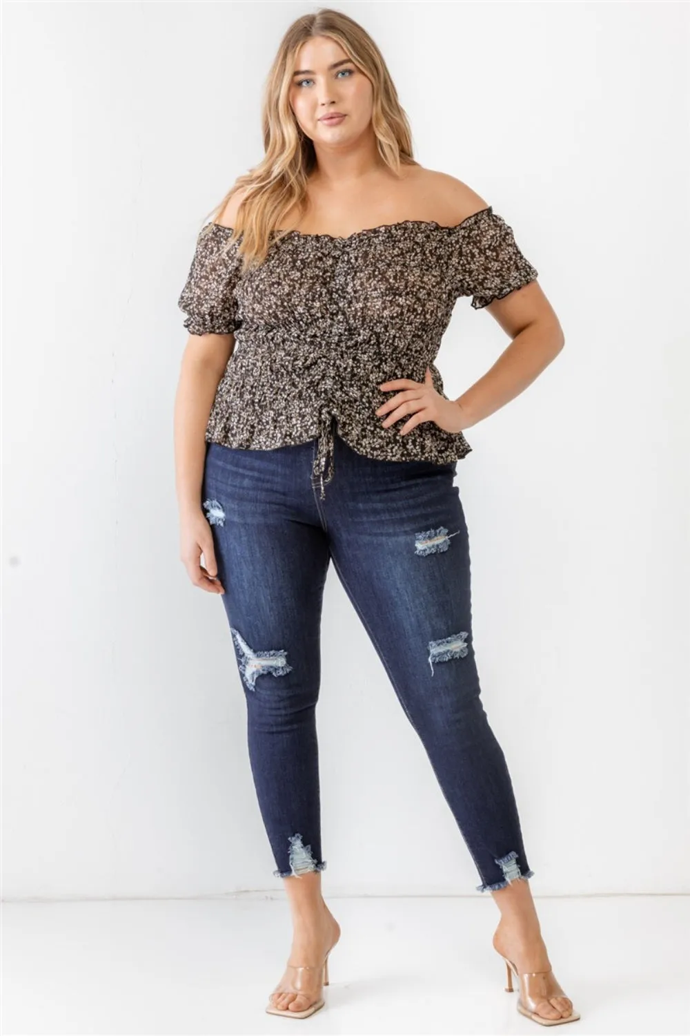 Frill Ruched Off-Shoulder Short Sleeve Blouse