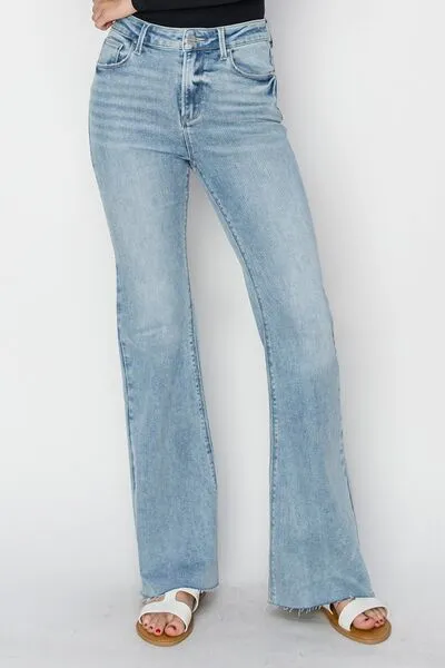 Full Size High Rise Raw Cut Hem Bootcut Jeans