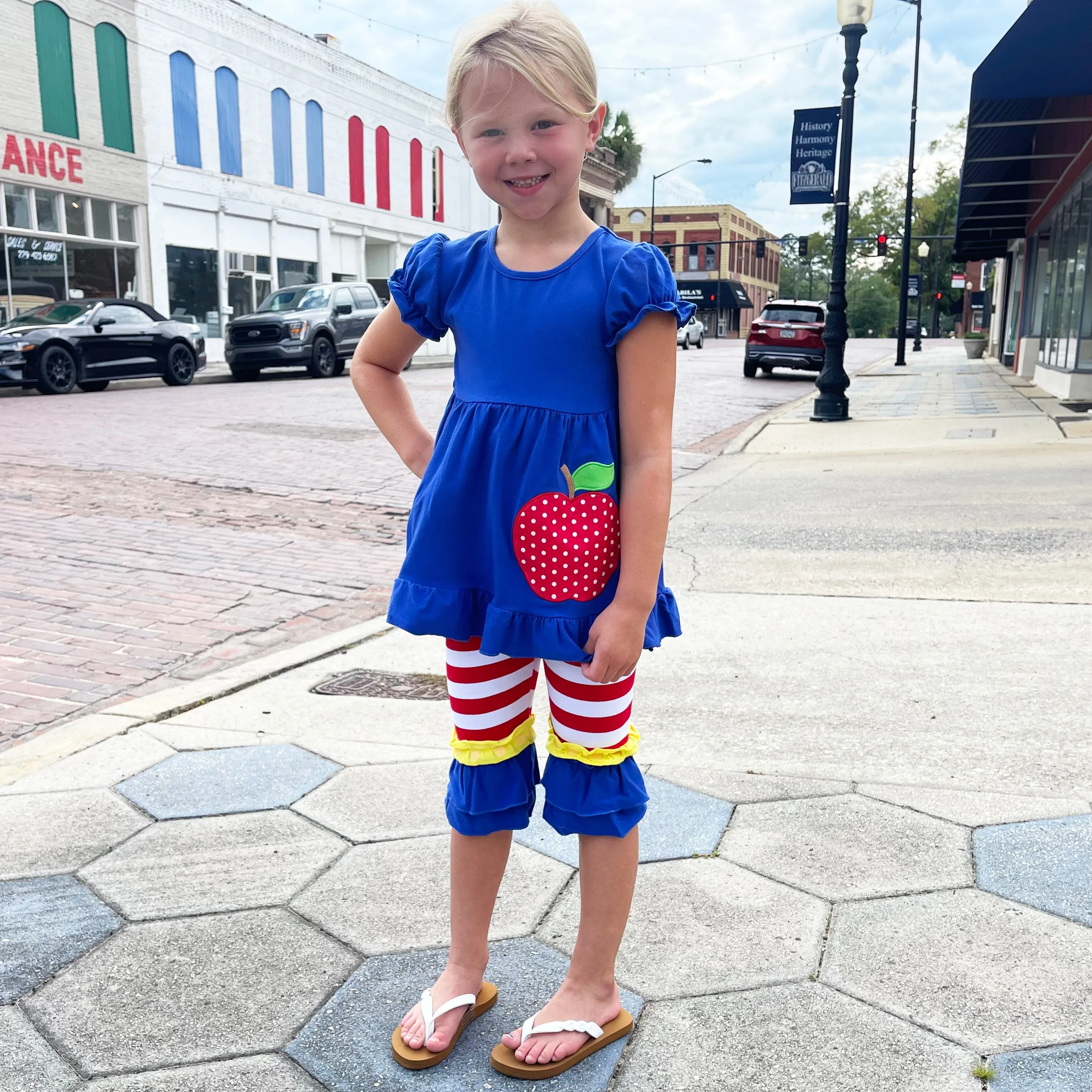 Girls Back to School Red Apple Tunic and Ruffle Pants Cotton Outfit
