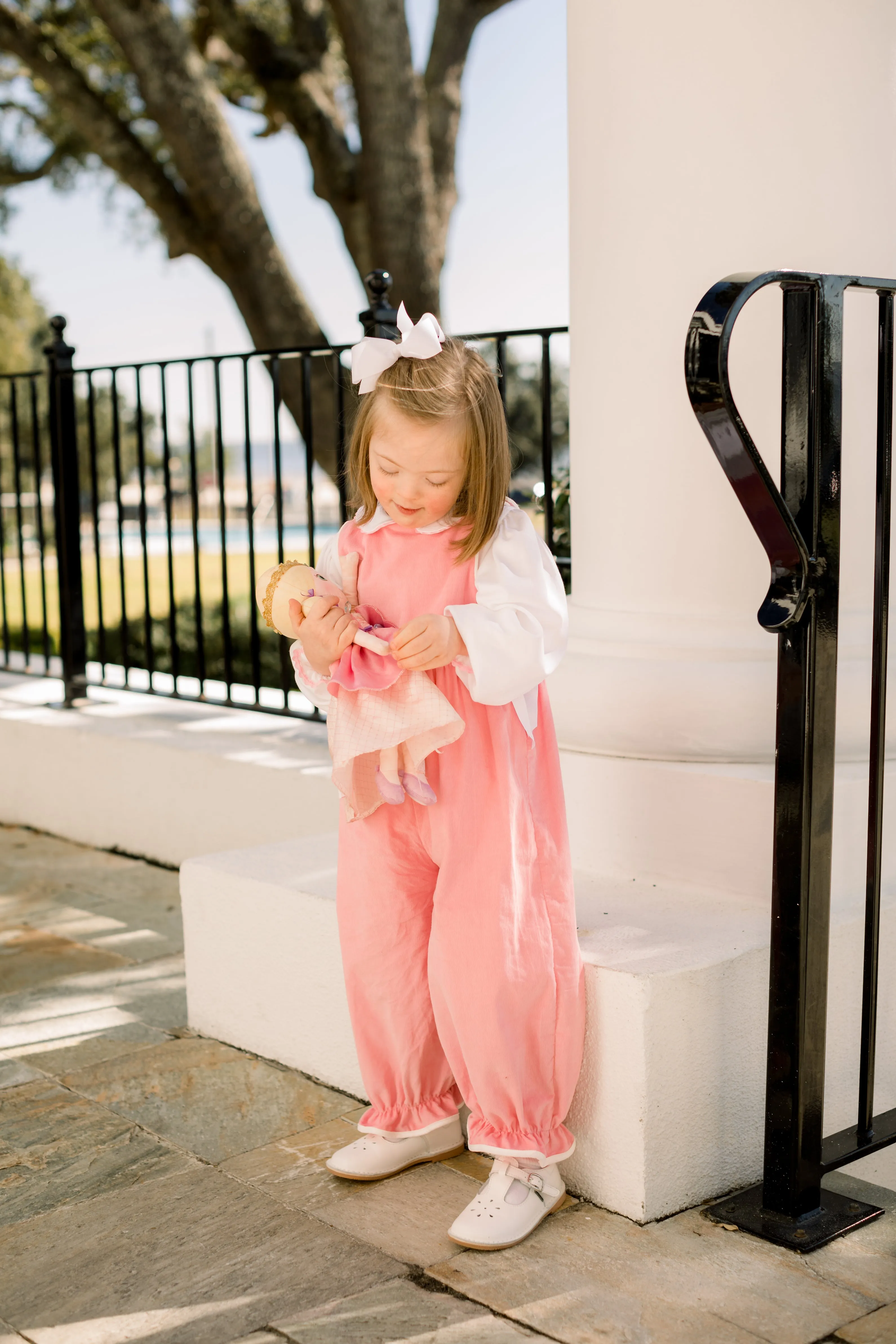 Girls Romper | Pink Corduroy with White Ribbon