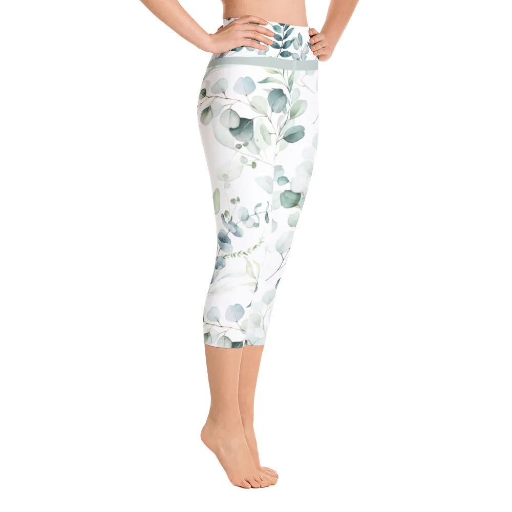 Greens Watercolor Leaves - Yoga Capri Leggings