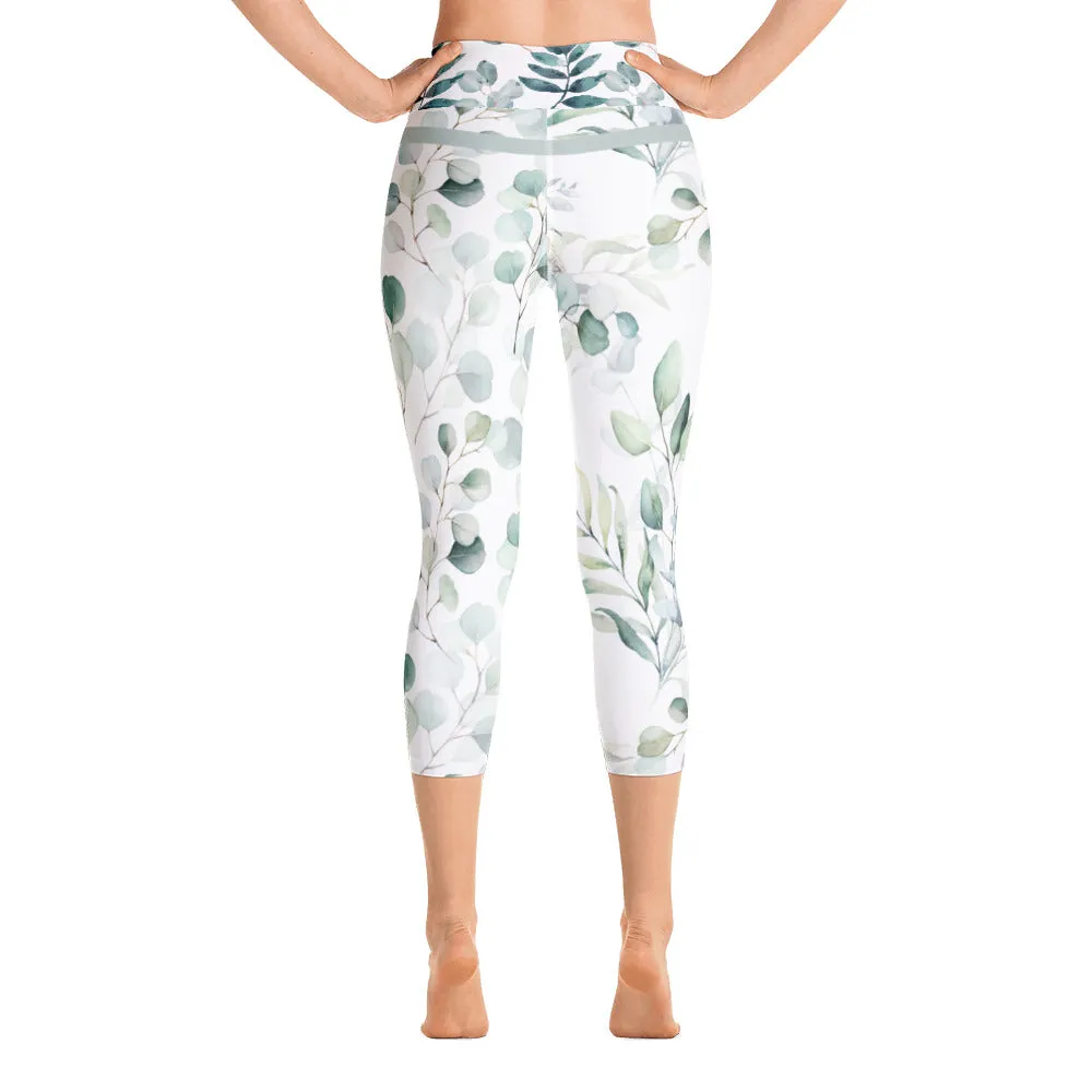 Greens Watercolor Leaves - Yoga Capri Leggings