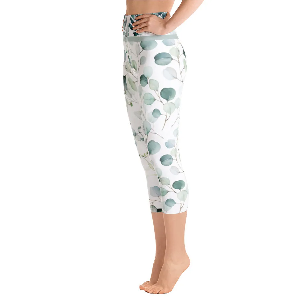 Greens Watercolor Leaves - Yoga Capri Leggings