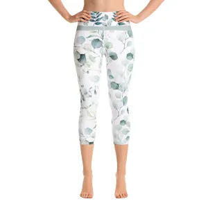 Greens Watercolor Leaves - Yoga Capri Leggings