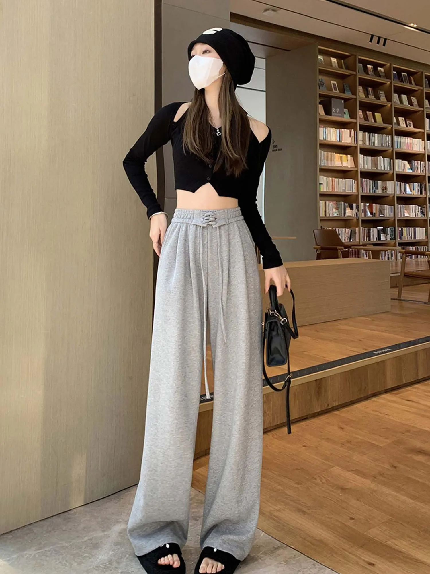 Grey Lace Tie Up Waistband Sweatpants