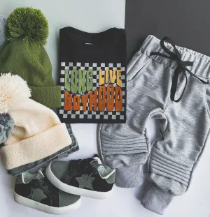 grey stacked joggers