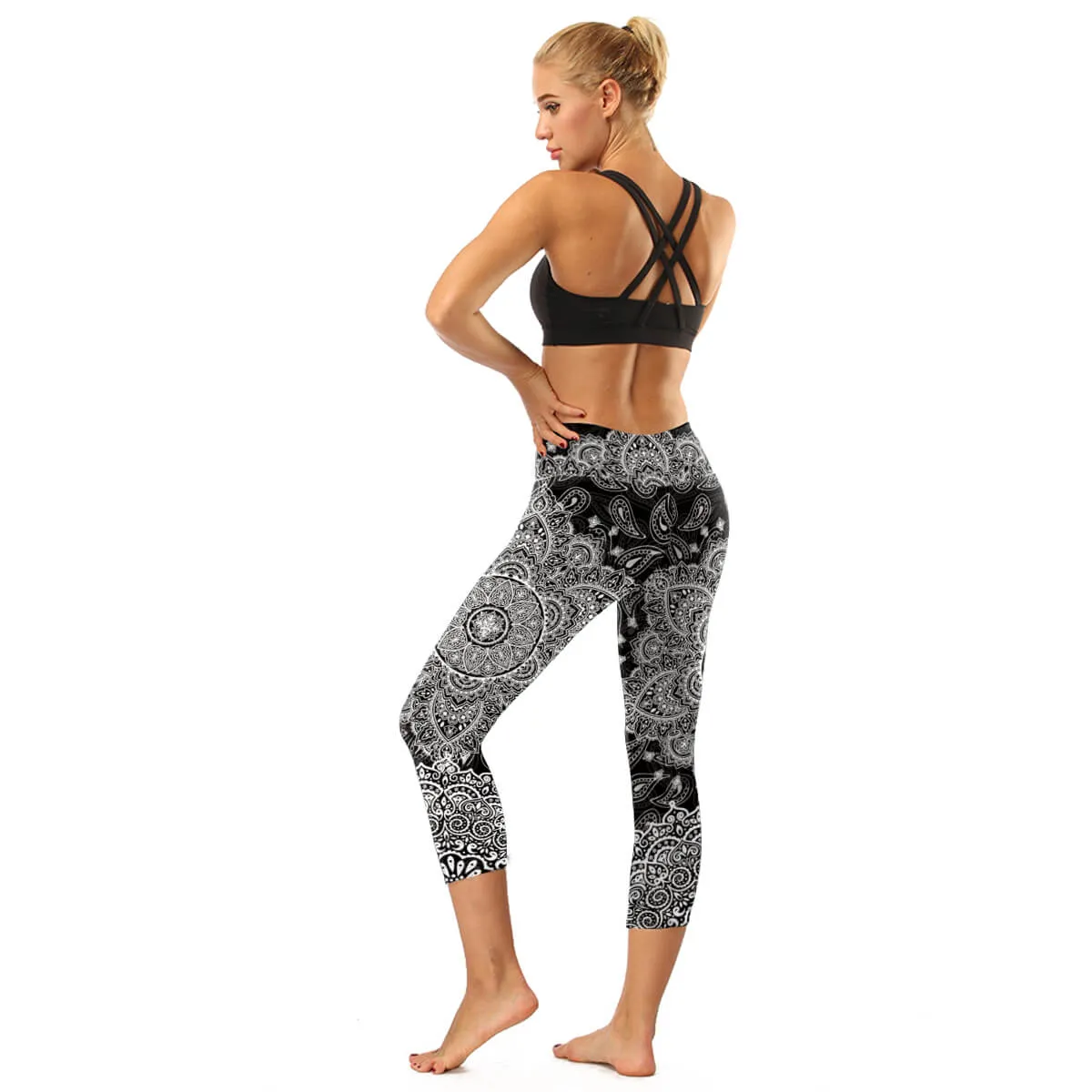 High Rise Black Mandala Capris | A Small Pocket on Waistband
