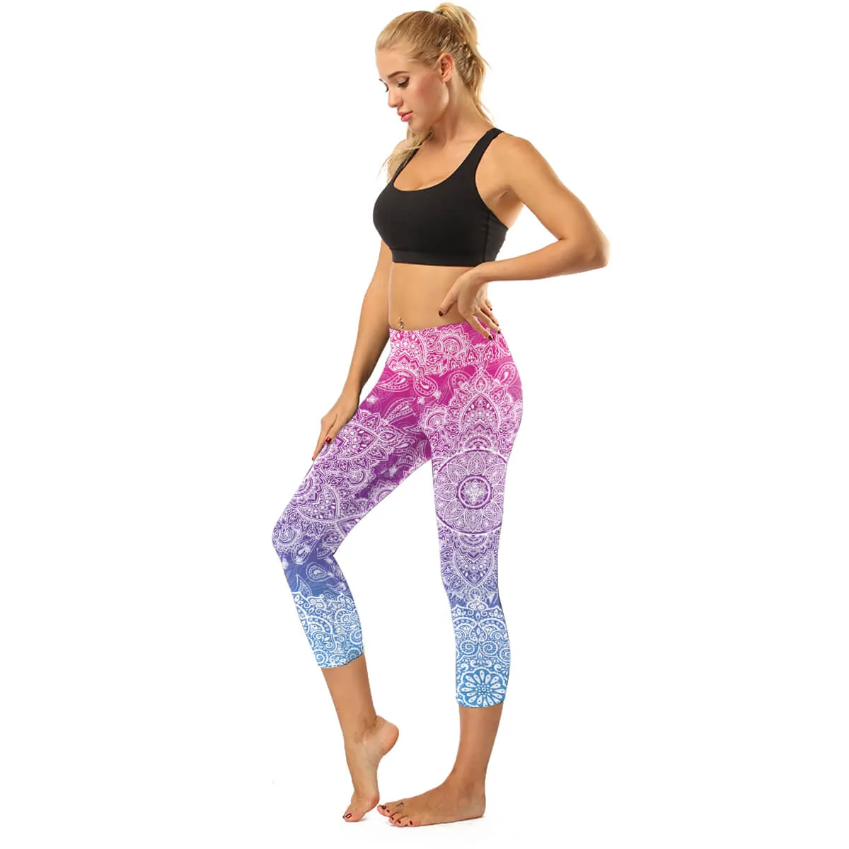 High Rise Black Mandala Capris | A Small Pocket on Waistband