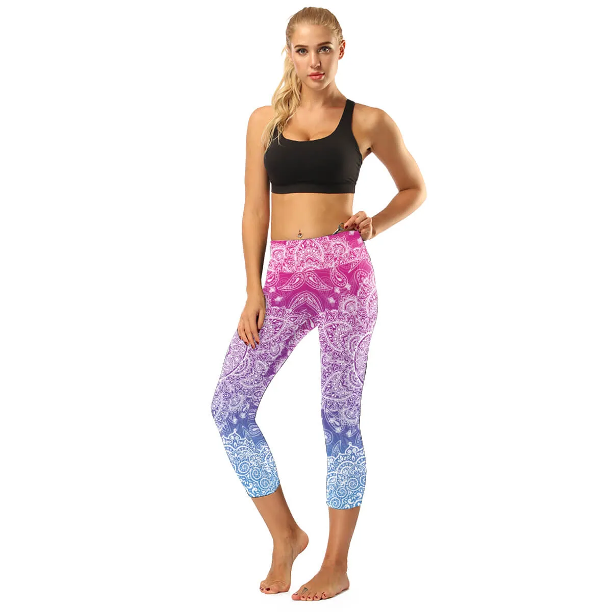 High Rise Black Mandala Capris | A Small Pocket on Waistband