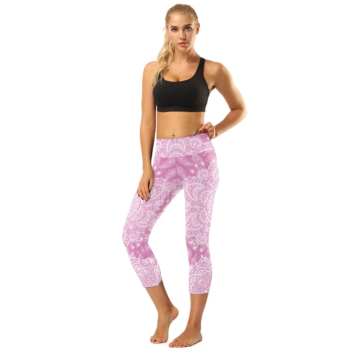 High Rise Black Mandala Capris | A Small Pocket on Waistband