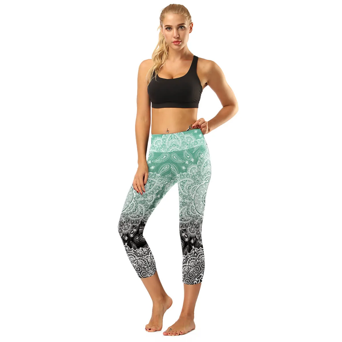High Rise Mint Blue Mandala Capris | A Small Pocket on Waistband