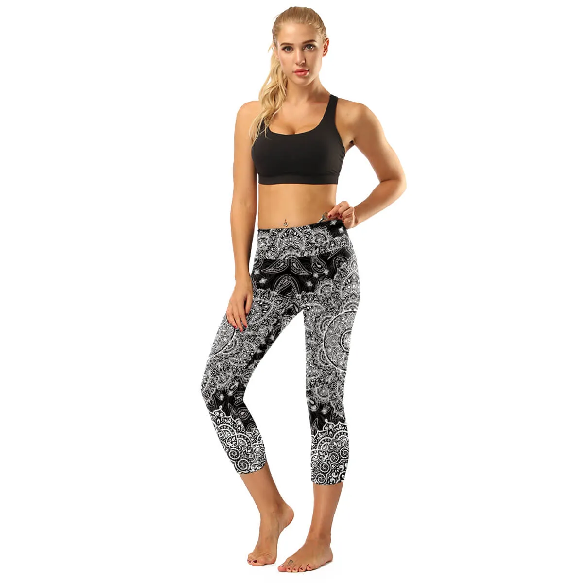 High Rise Mint Blue Mandala Capris | A Small Pocket on Waistband