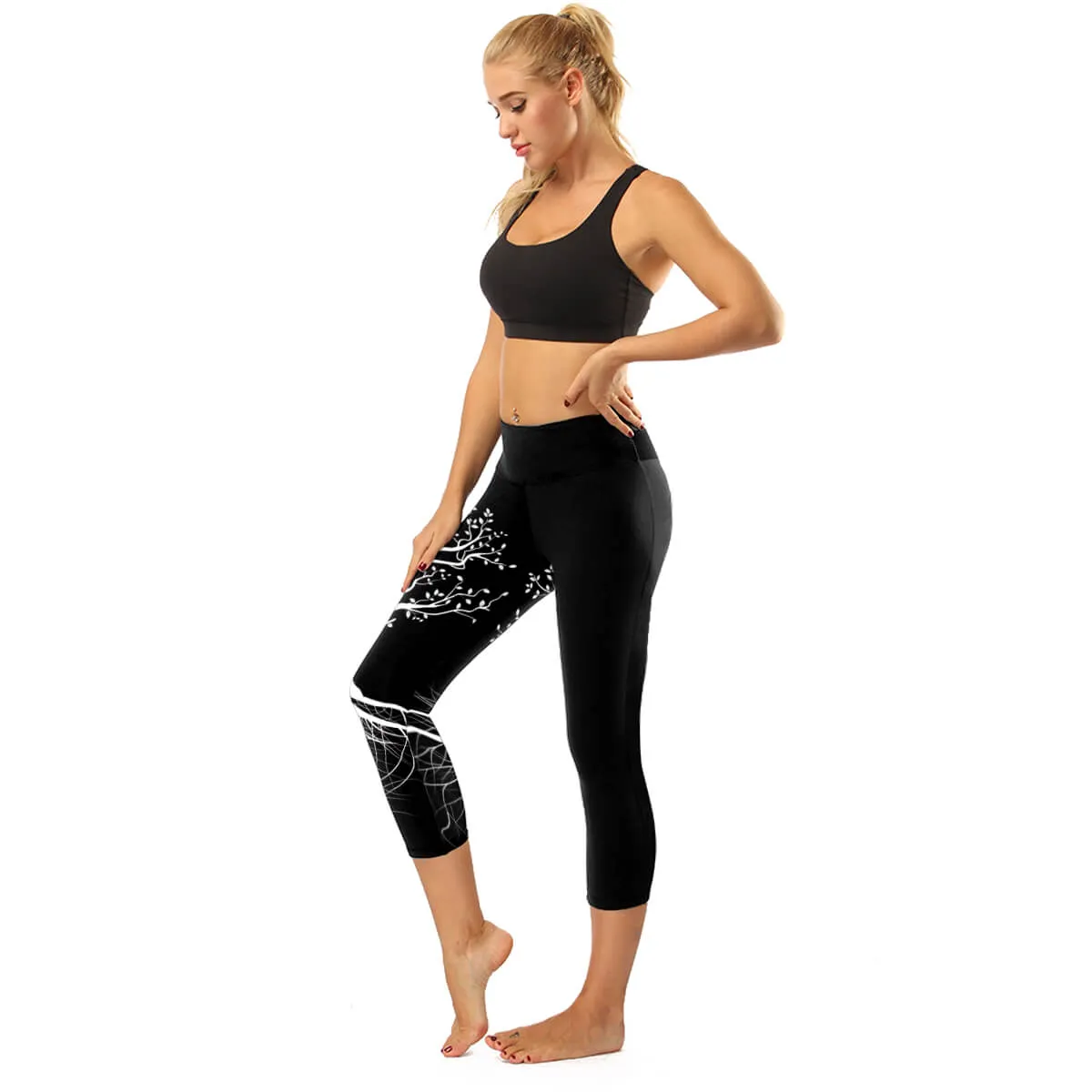 High Rise White Tree of life Capris | A Small Pocket on Waistband