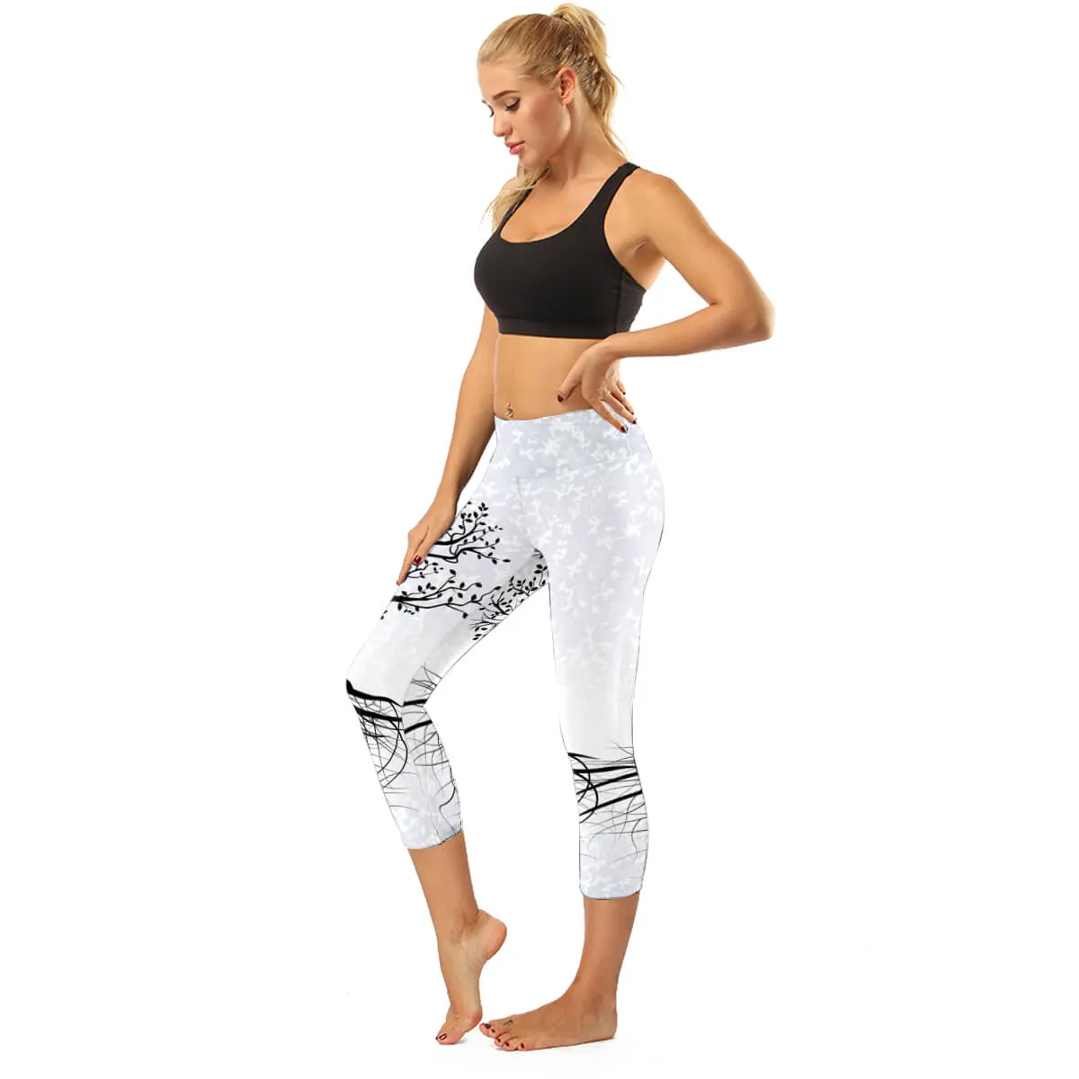 High Rise White Tree of life Capris | A Small Pocket on Waistband