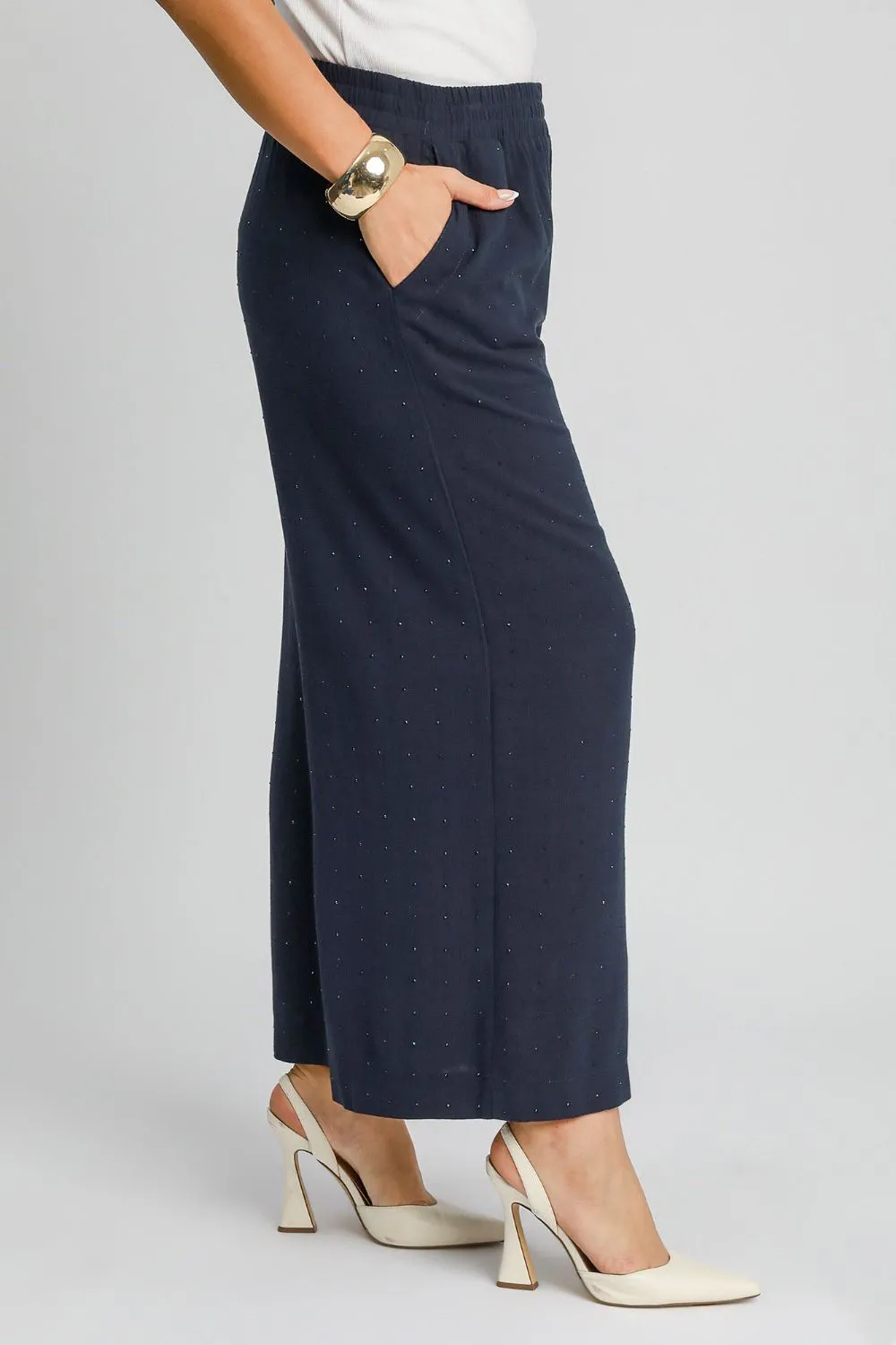 High Waisted Embellished Linen Pants Plus Size Available