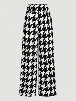 Houndstooth Print High Waist Wide Leg Pants