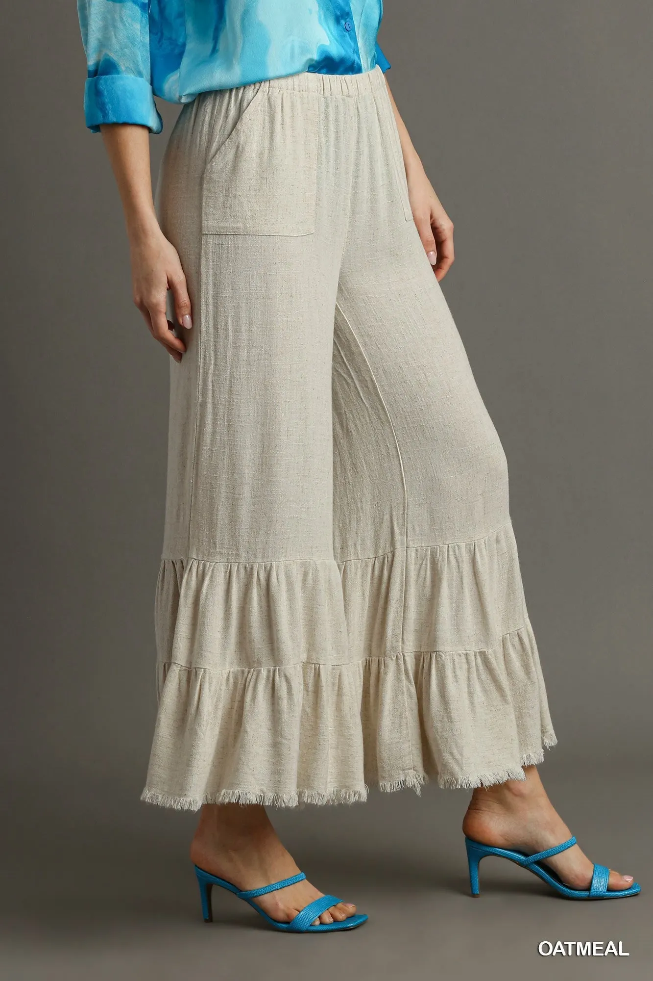 Isabella Wide Ruffle Leg Pants In Oatmeal