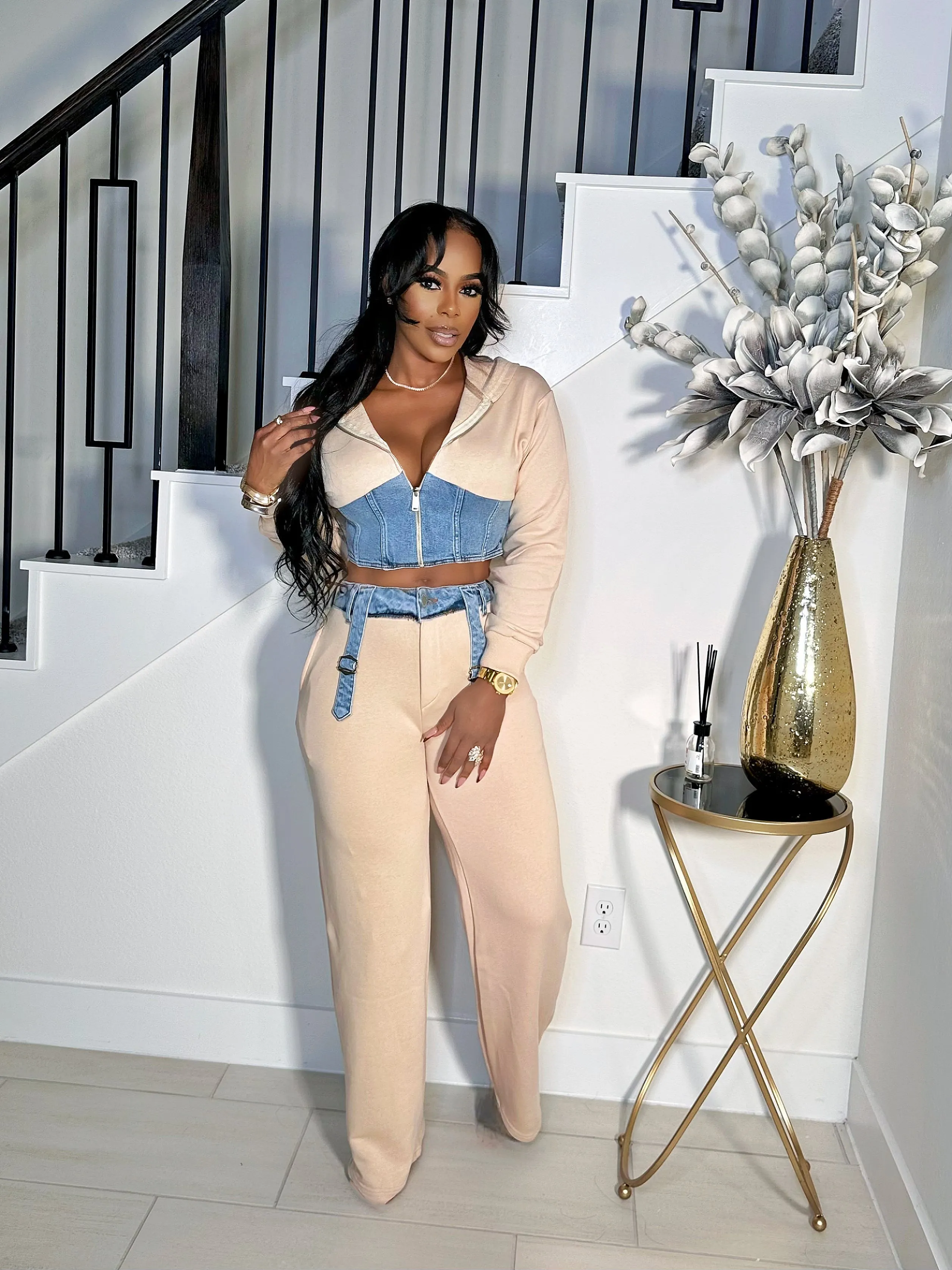 KEEP IT SEXY BEIGE DENIM HOODED SWEATPANTS SET
