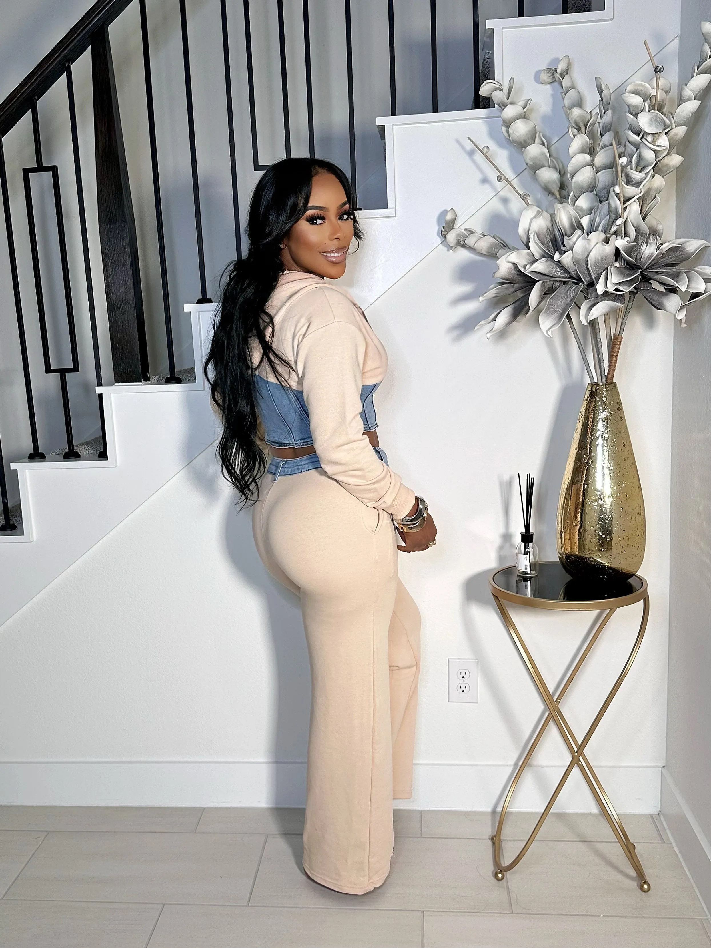 KEEP IT SEXY BEIGE DENIM HOODED SWEATPANTS SET