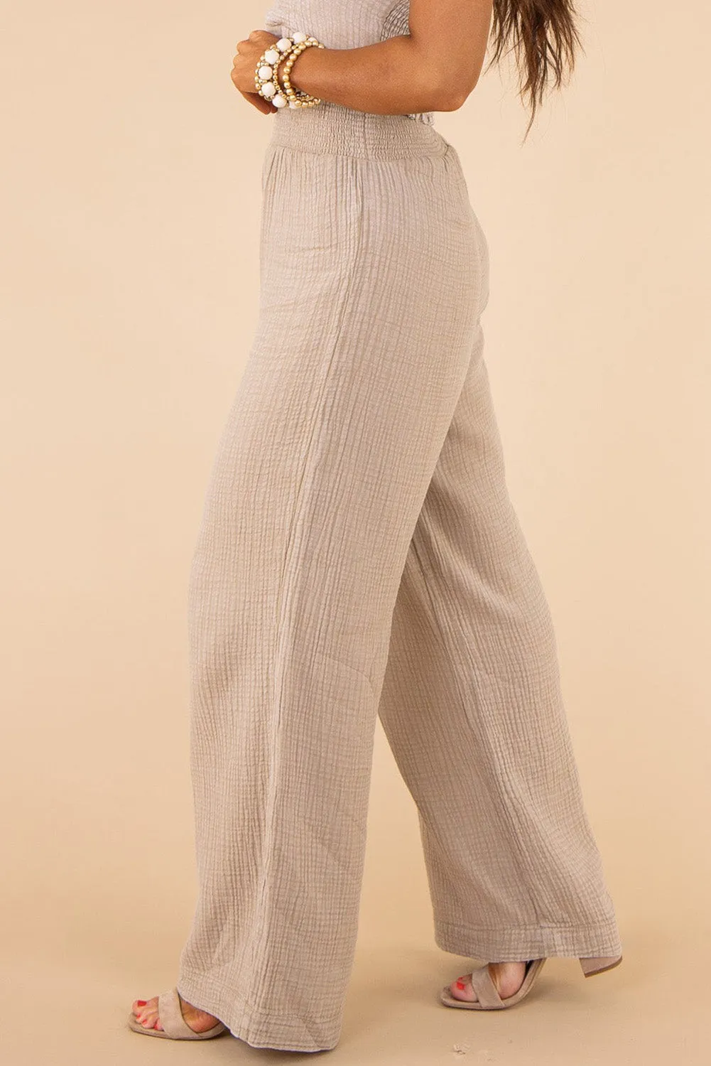 Khaki Textured High Waist Wide Leg Plus Size Pants