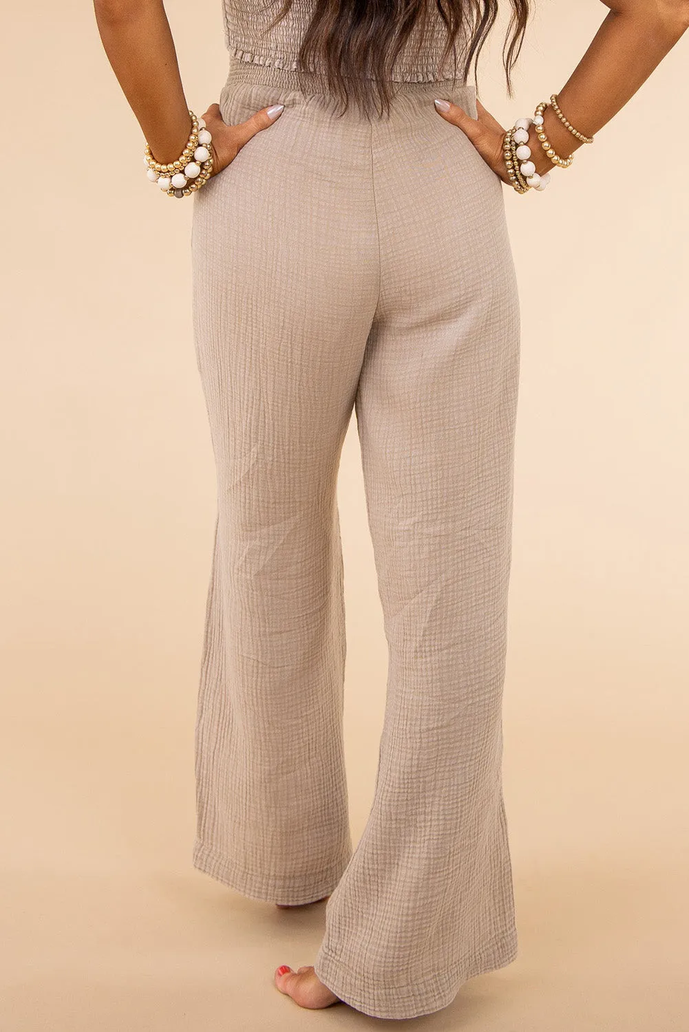 Khaki Textured High Waist Wide Leg Plus Size Pants