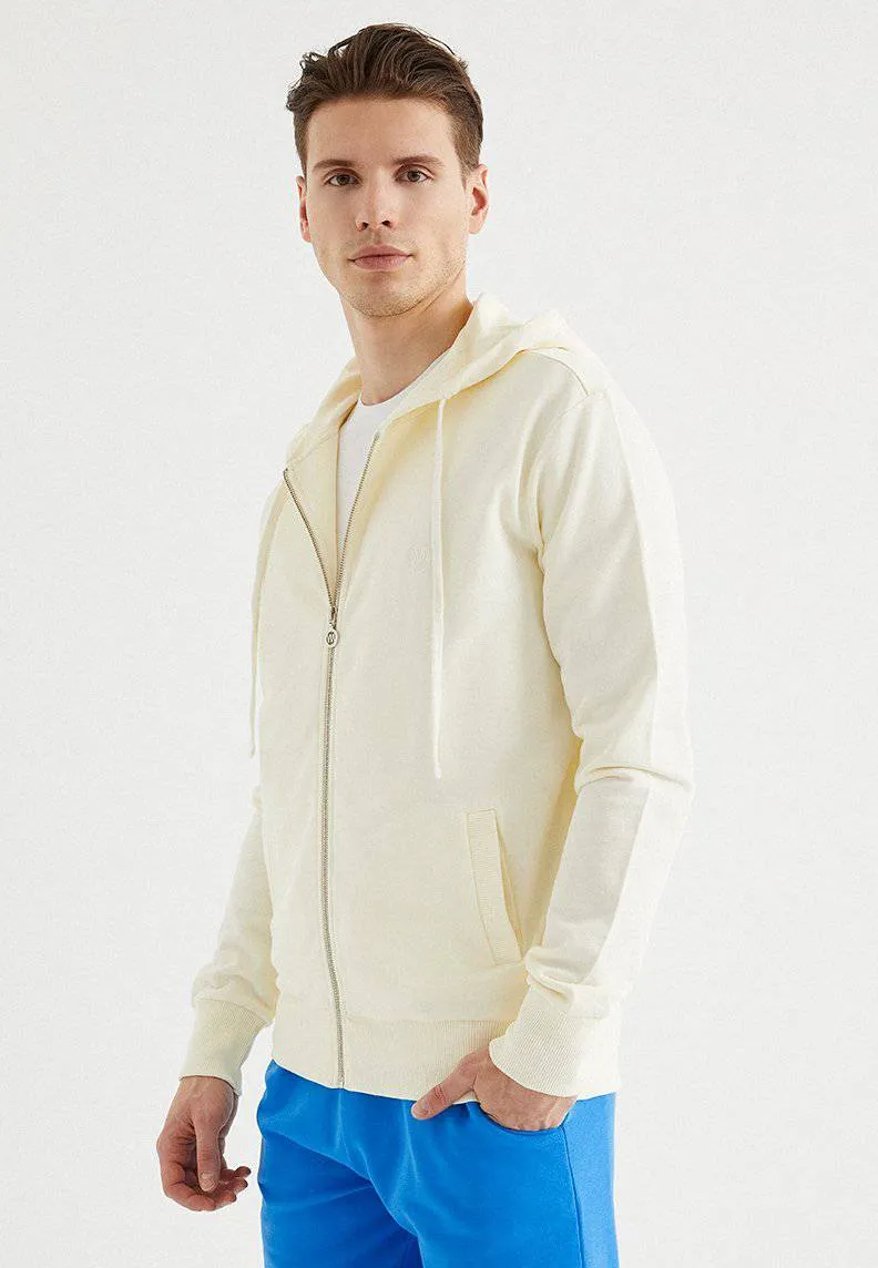 Krem Rengi Fermuarlı Kapüşonlu Pamuklu Regular Fit Erkek Sweatshirt CORE ZIP HOODIE