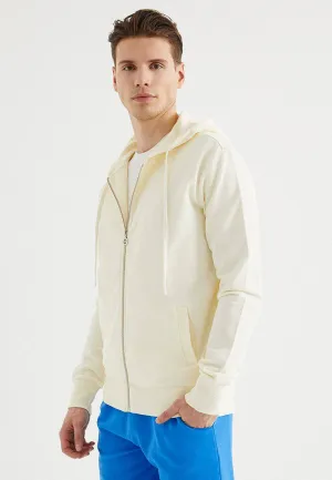 Krem Rengi Fermuarlı Kapüşonlu Pamuklu Regular Fit Erkek Sweatshirt CORE ZIP HOODIE